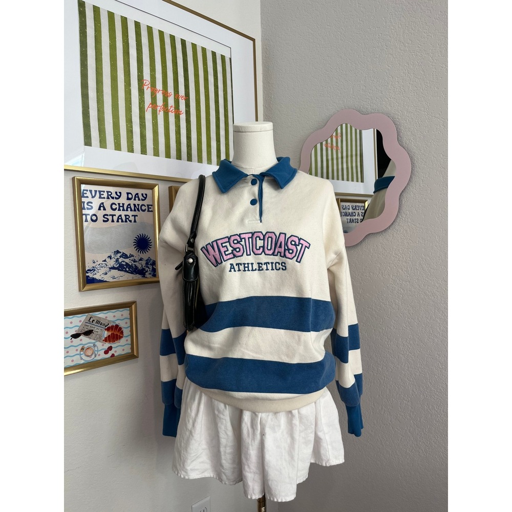 Forever 21 Westcoast Athletics Colorblock Polo Sweatshirt Cream Blue Small